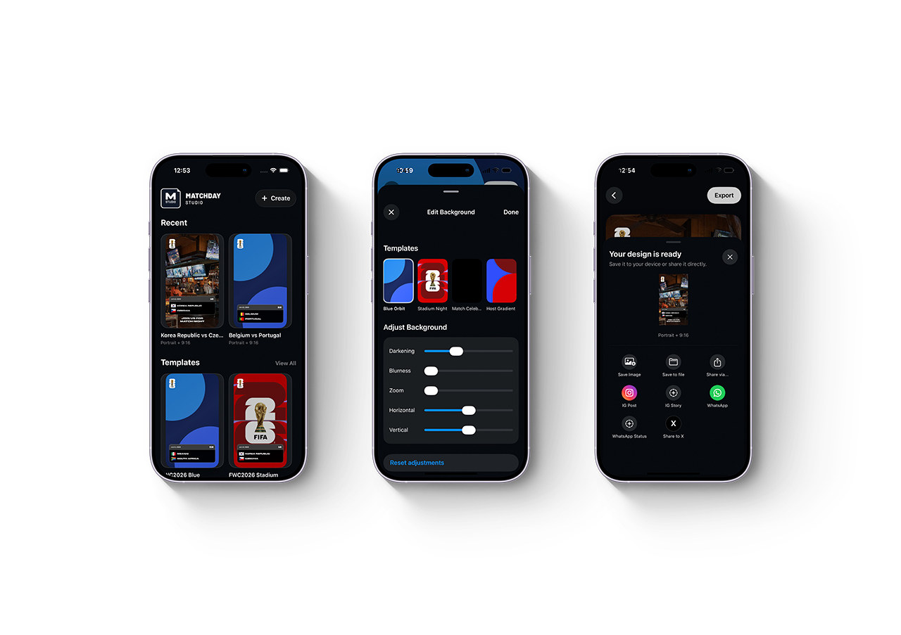 MatchDay Studio shown across three iPhone screens, including its project library, template editor, and export options